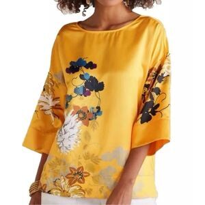 Soft Surroundings Tunic Womens L Yellow Oriental  Floral Kimono Sleeve‎ Top